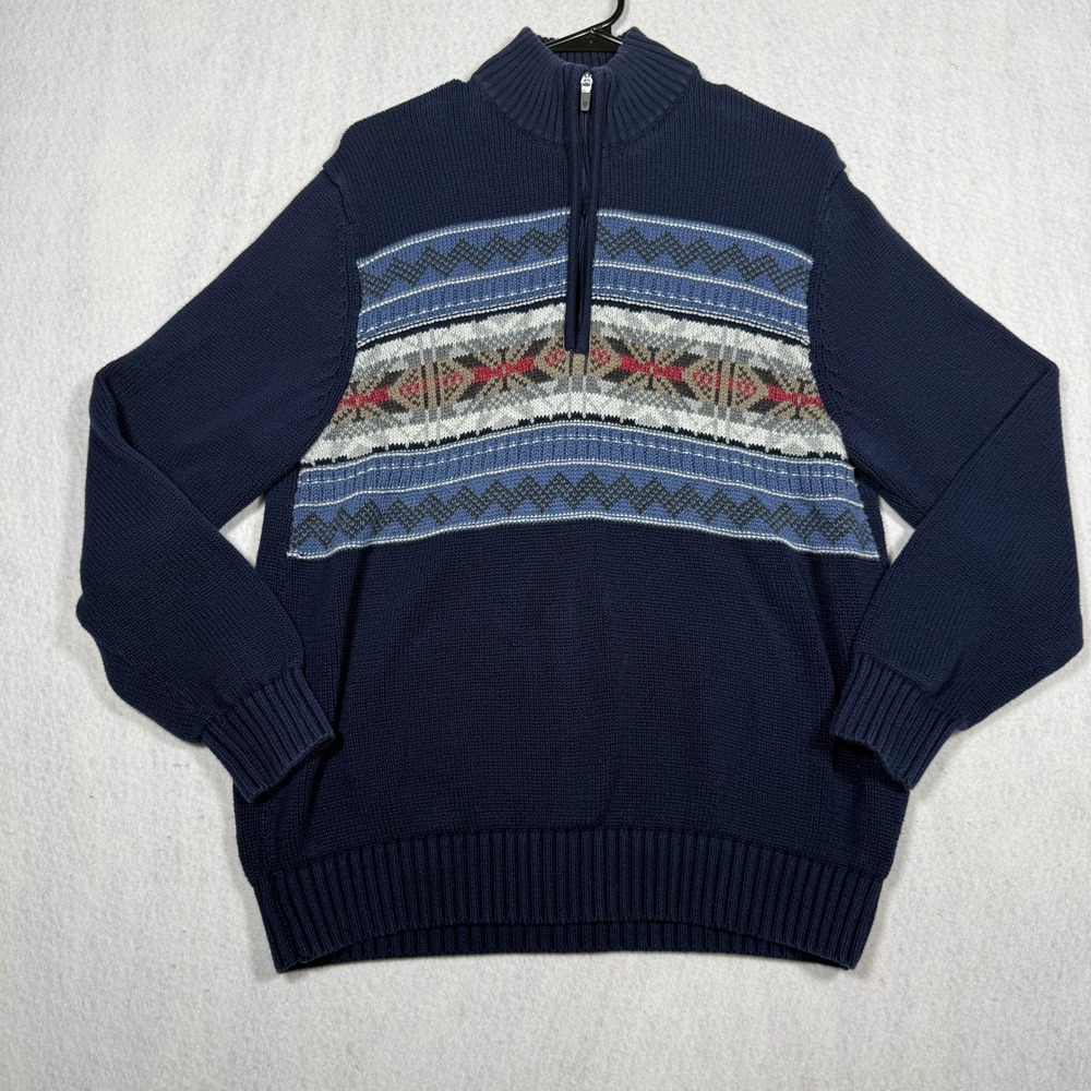Izod Mens Navy Blue Fair Isle Quarter Zip Knit Sweater Large Geometric Pattern
